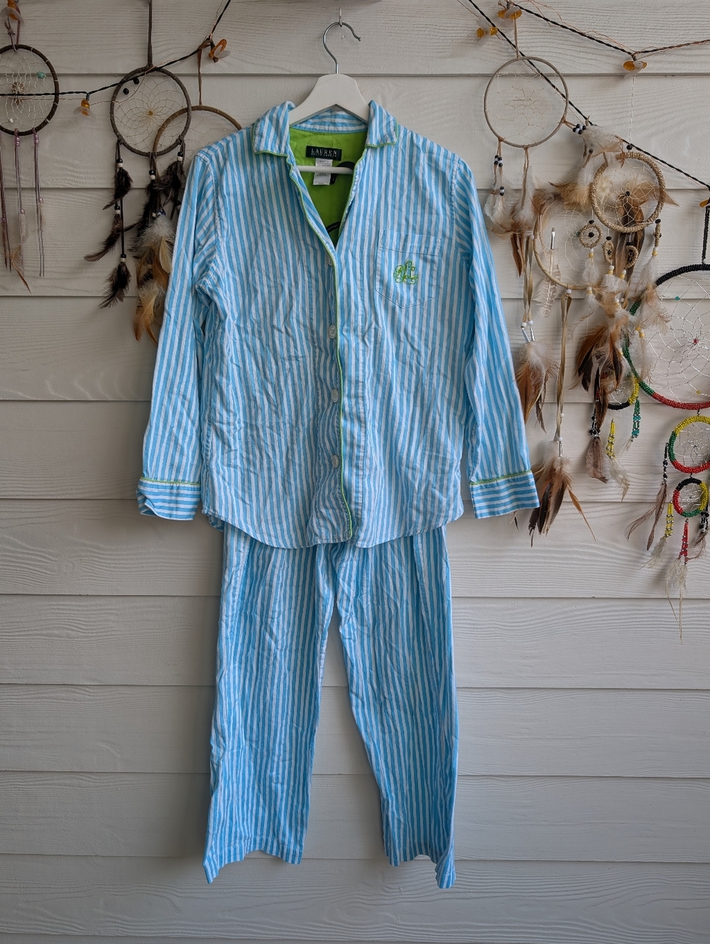 Lauren Ralph Lauren Classic Blue Striped Cotton Monogrammed Pajama Set S